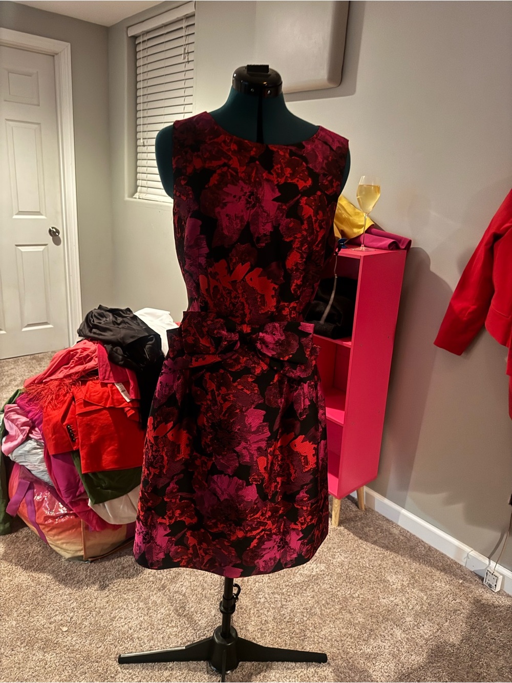 Sleeveless Floral Fit-and-Flare Dress in Red and Pink